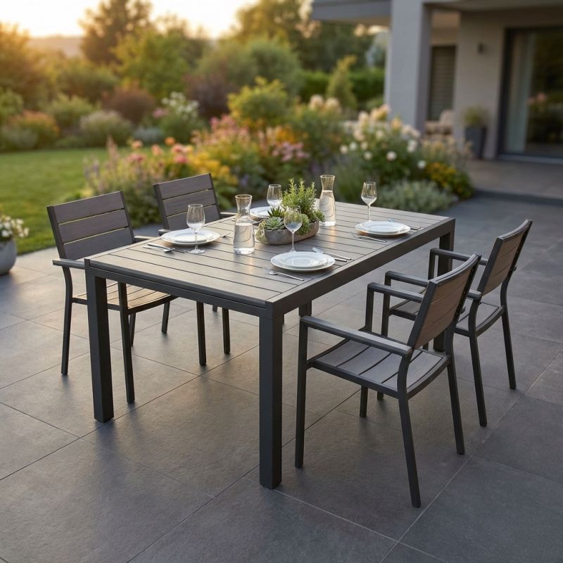 TRIUMPHUS - set tavolo in alluminio e polywood cm 180/240 x 100 x 73 h con 4 poltrone Xanthus