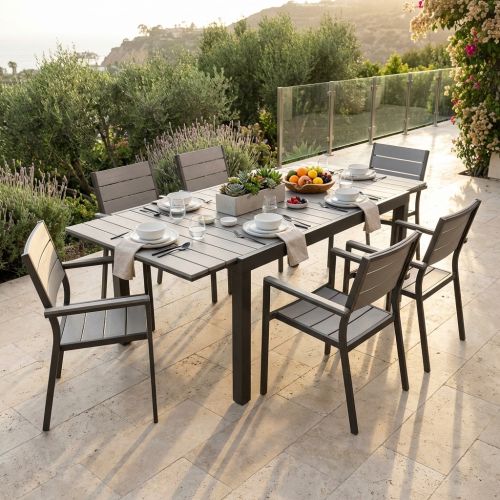 TRIUMPHUS - set tavolo in alluminio e polywood cm 180/240 x 100 x 73 h con 6 poltrone Xanthus