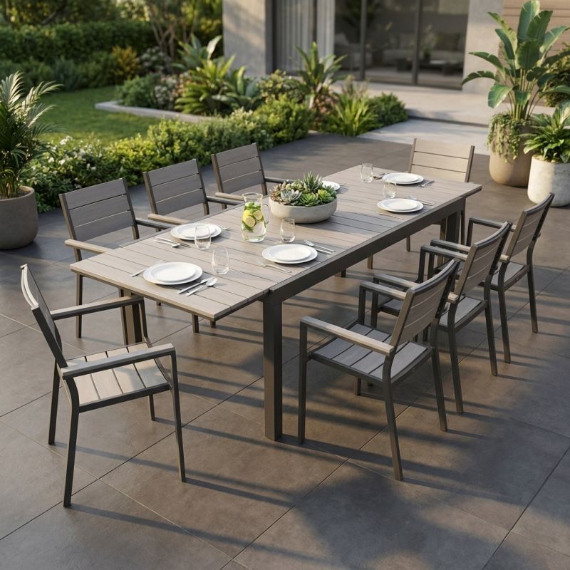 TRIUMPHUS - set tavolo in alluminio e polywood cm 180/240 x 100 x 73 h con 8 poltrone Xanthus
