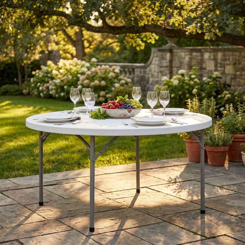 CATE - tavolo catering rotondo salvaspazio in acciaio e abs