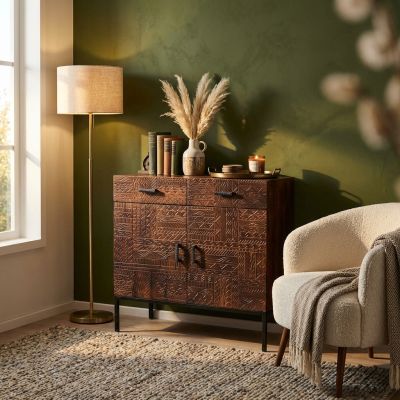 MANTRA - comò con decoro 2 ante 2 cassetti legno e ferro