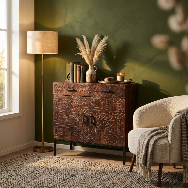 MANTRA - comò con decoro 2 ante 2 cassetti legno e ferro