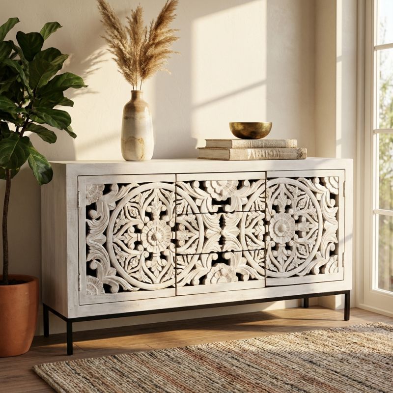 OHM - madia con decoro 2 ante 3 cassetti legno e ferro