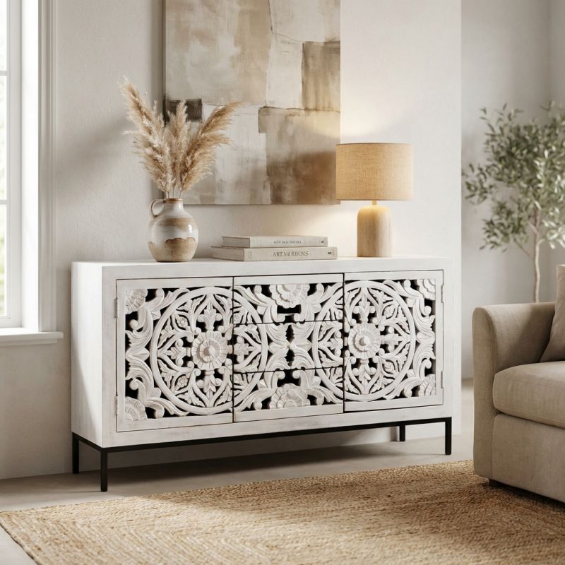 OHM - madia con decoro 2 ante 3 cassetti legno e ferro