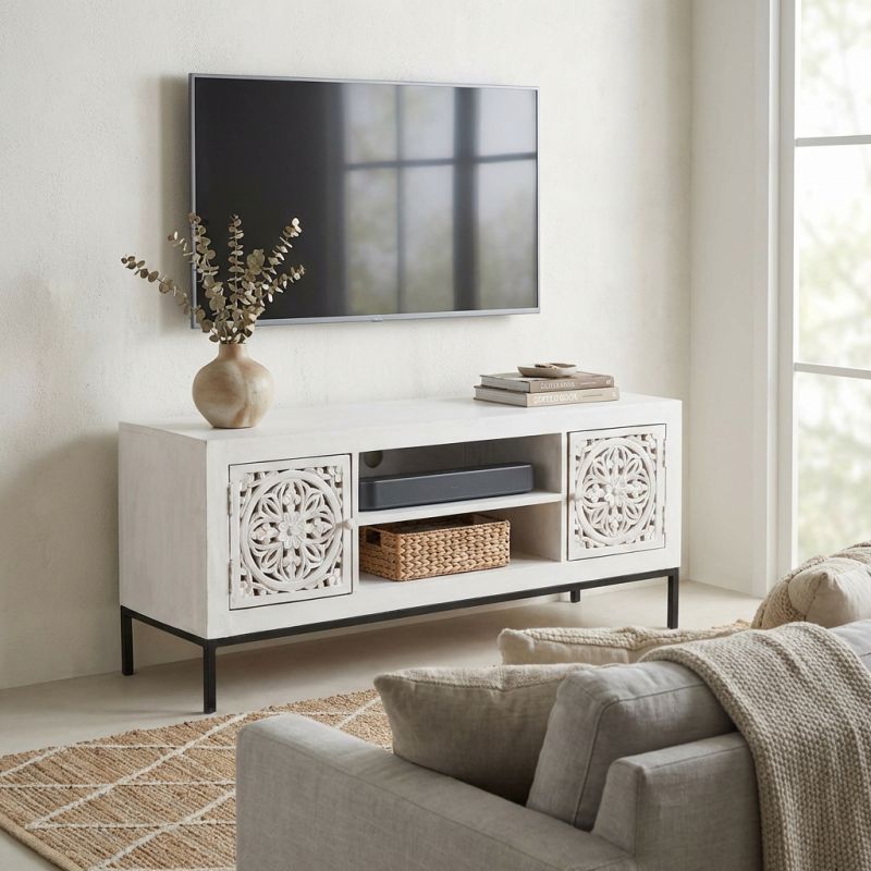 OHM - porta tv con decoro 2 ante 2 ripiani legno e ferro