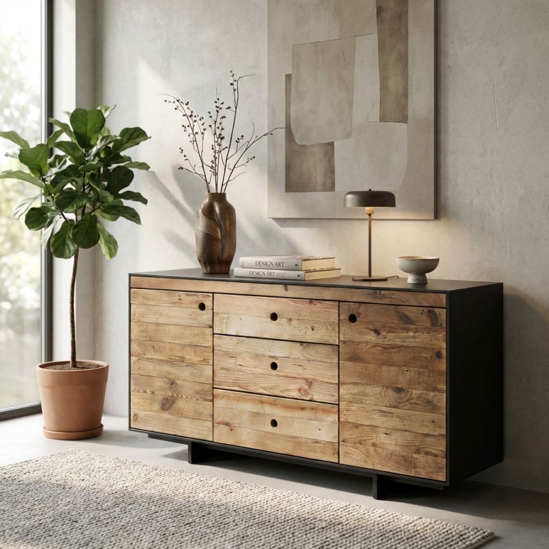 PINUS BLACK - madia 2 ante 3 cassetti in pino riciclato
