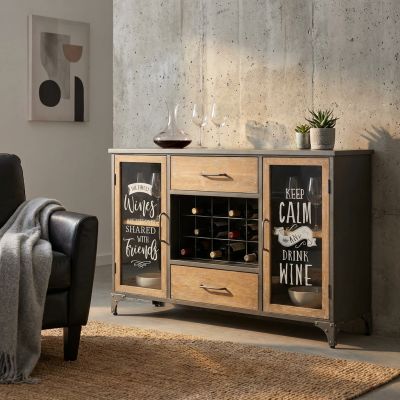 ORLY - madia industrial in acciaio e legno con portabottiglie