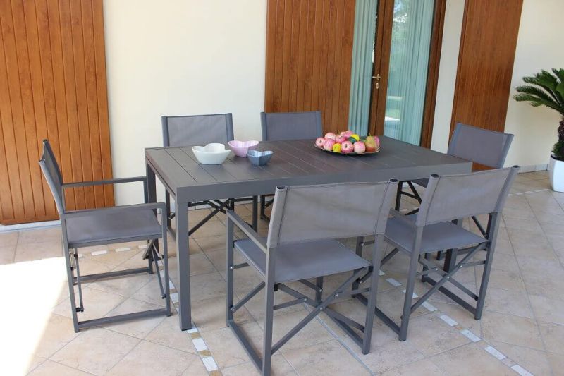 DEXTER - set tavolo in alluminio cm 160/240 x 90 x 75 h con 6 poltrone Carpenter