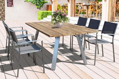 SALTUS - set tavolo in alluminio e teak cm 200 x 100 x 74 h con 8 poltrone Florentia