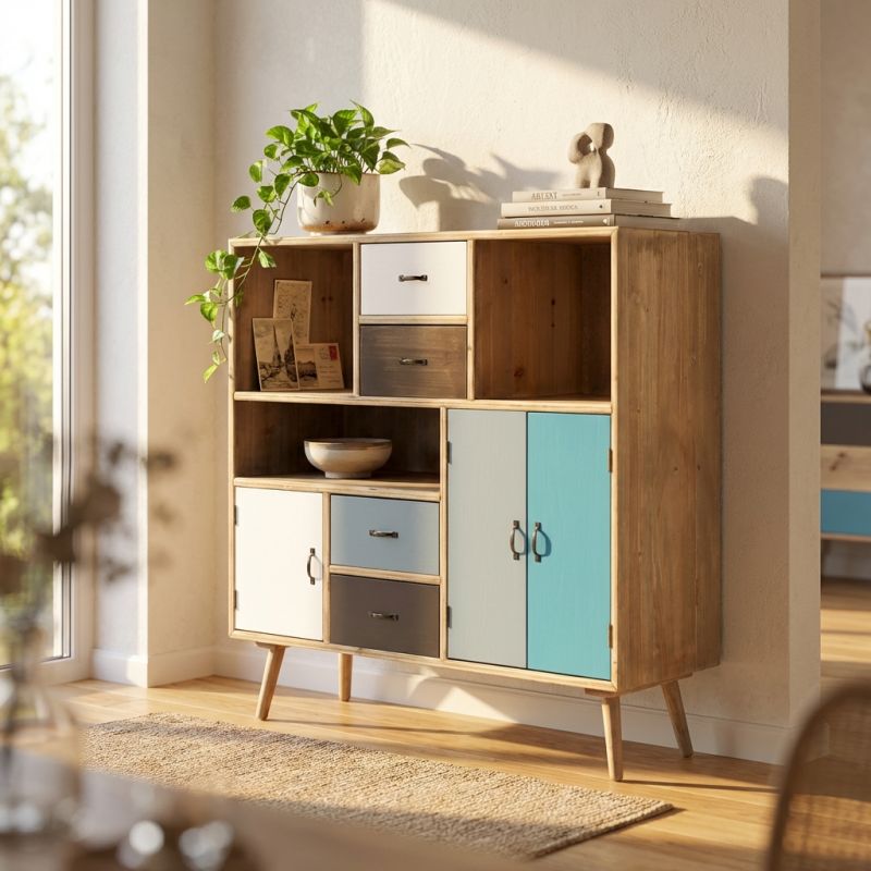 ADELINE - mobiletto 3 ripiani 3 ante 4 cassetti in mdf multicolor