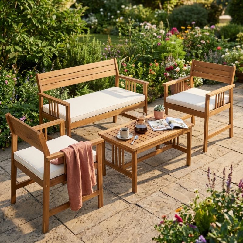 CAESAR - salotto da giardino in legno massiccio di acacia 2 posti completo di cuscini