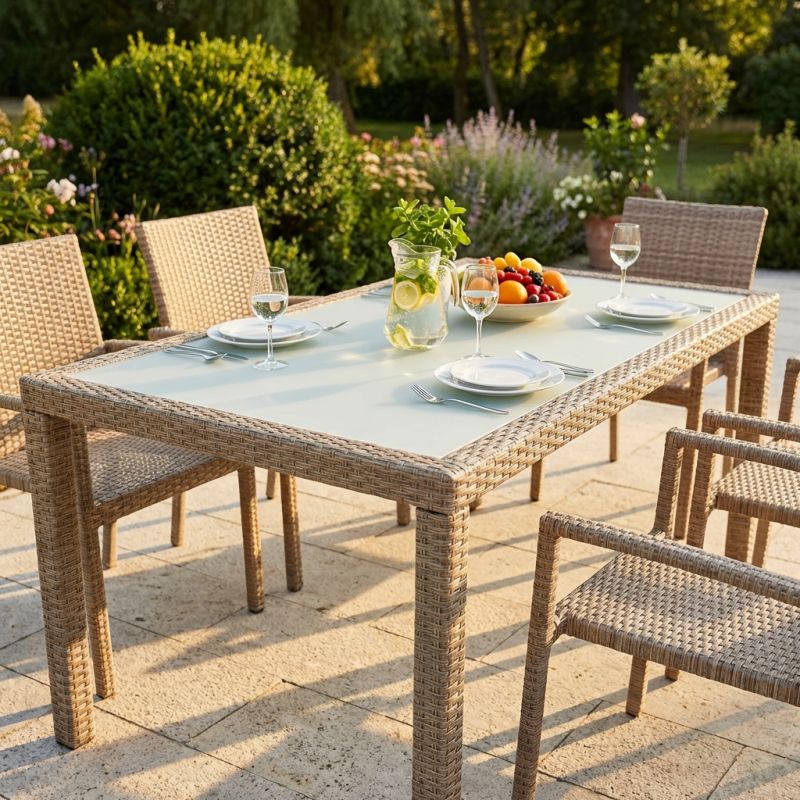 AXONA - tavolo intreccio in wicker vetro