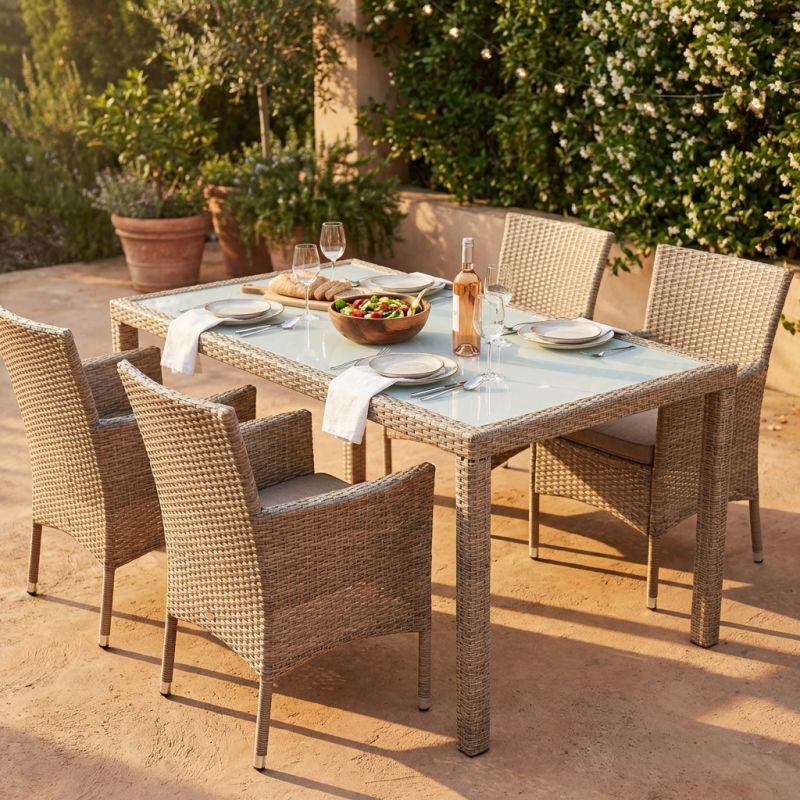 AXONA - tavolo intreccio in wicker vetro