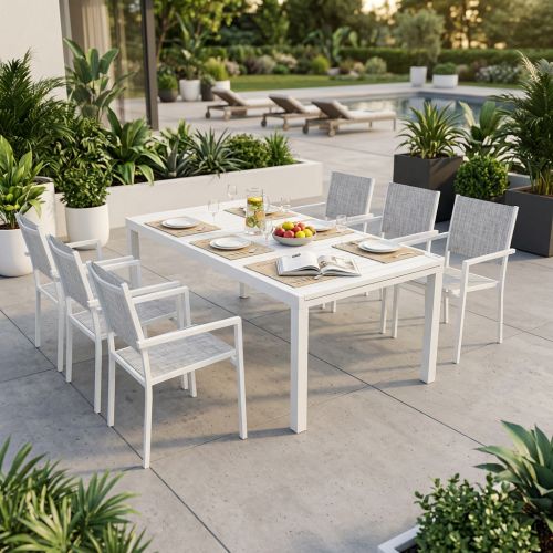 DEXTER - set tavolo in alluminio cm 200/300 x 100 x 74 h con 6 poltrone Venus