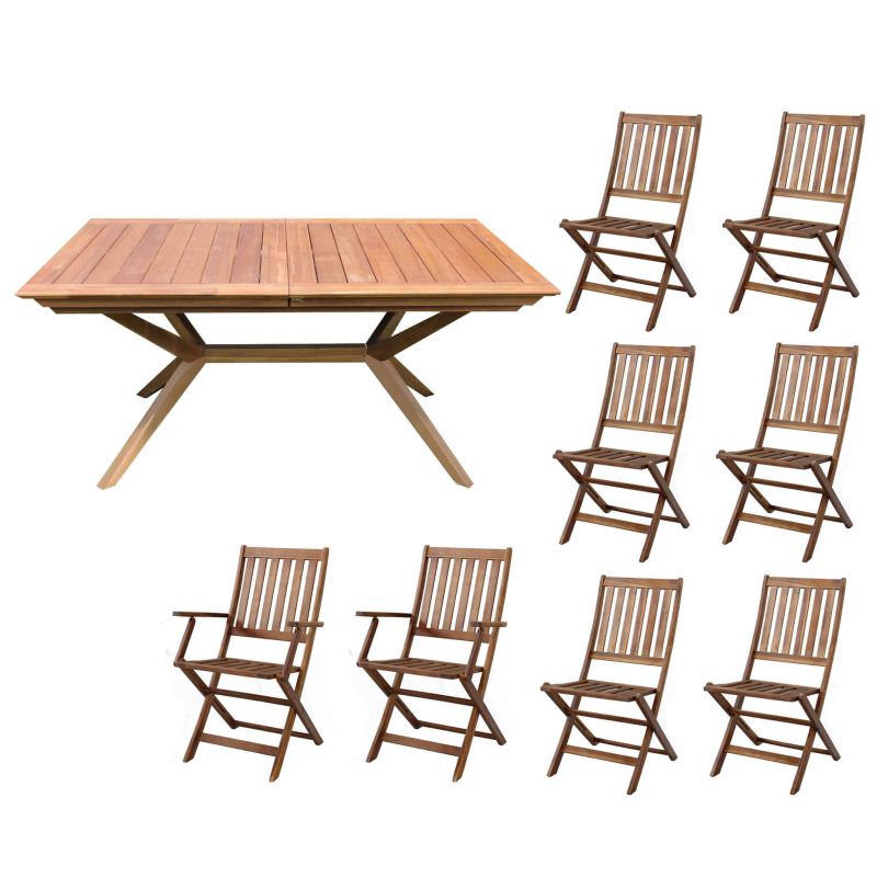 CAESAR - set tavolo in legno massiccio di acacia cm 150/200 x 90 x 78 h con 6 sedie e 2 poltrone Dresda
