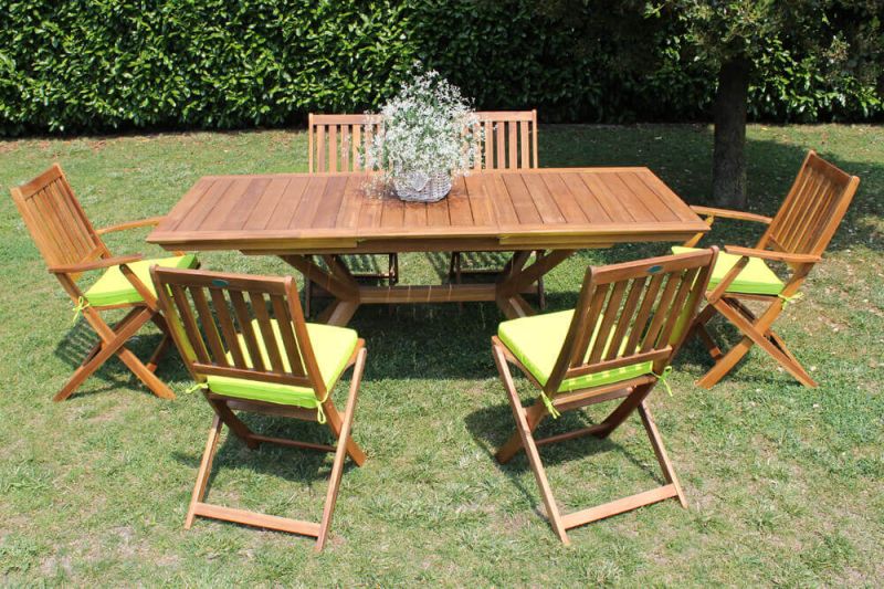 CAESAR - set tavolo in legno massiccio di acacia cm 150/200 x 90 x 78 h con 6 sedie e 2 poltrone Dresda