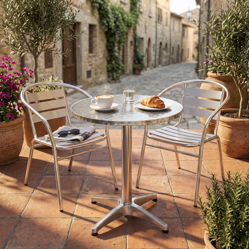 DARCUS - tavolo rotondo a colonna acciaio e alluminio waterproof tondo