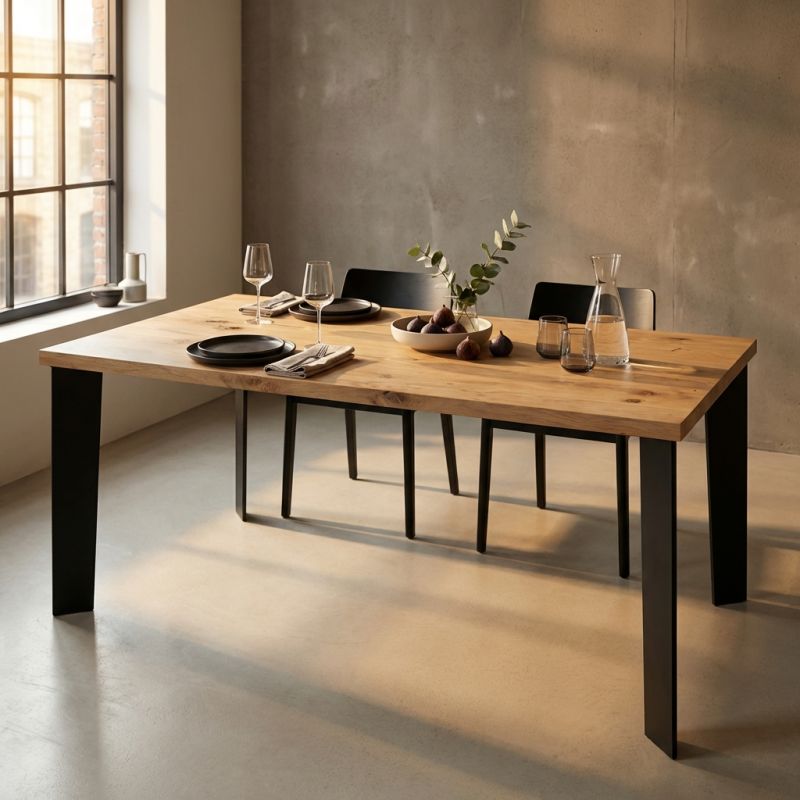 ARNOLD - tavolo da pranzo moderno in acciaio e rovere impiallacciato