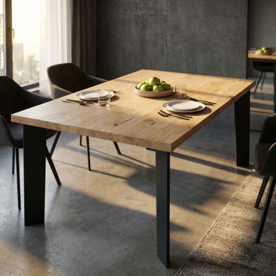 ARNOLD - tavolo da pranzo moderno in acciaio e rovere impiallacciato