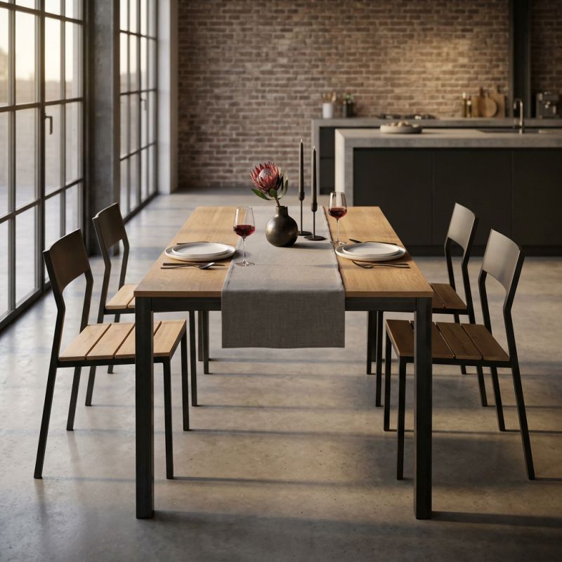 BERNARD - tavolo da pranzo moderno allungabile in acciaio e rovere da 140 x 80