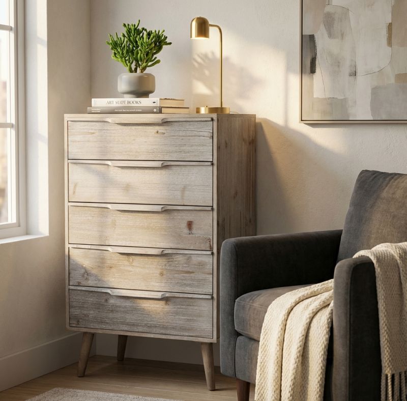 ANGELINE - mobiletto 5 cassetti in paulownia e mdf industrial