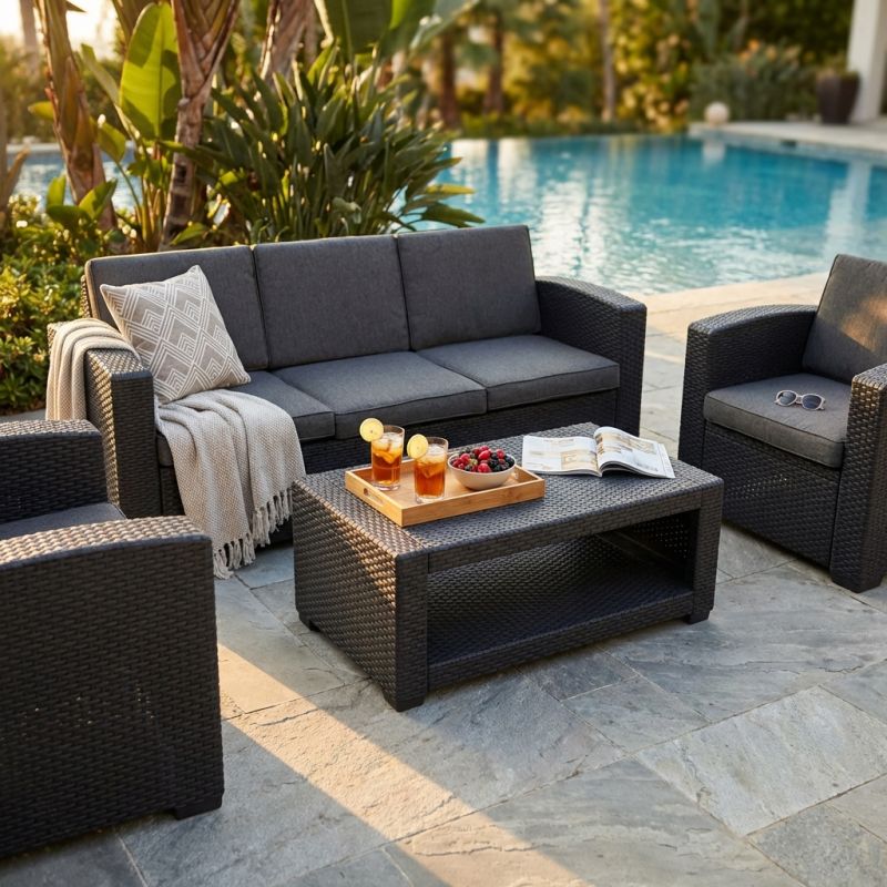 LACUS - salotto da giardino completo di cuscini intreccio in rattan sintetico