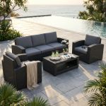 LACUS - salotto da giardino completo di cuscini intreccio in rattan sintetico