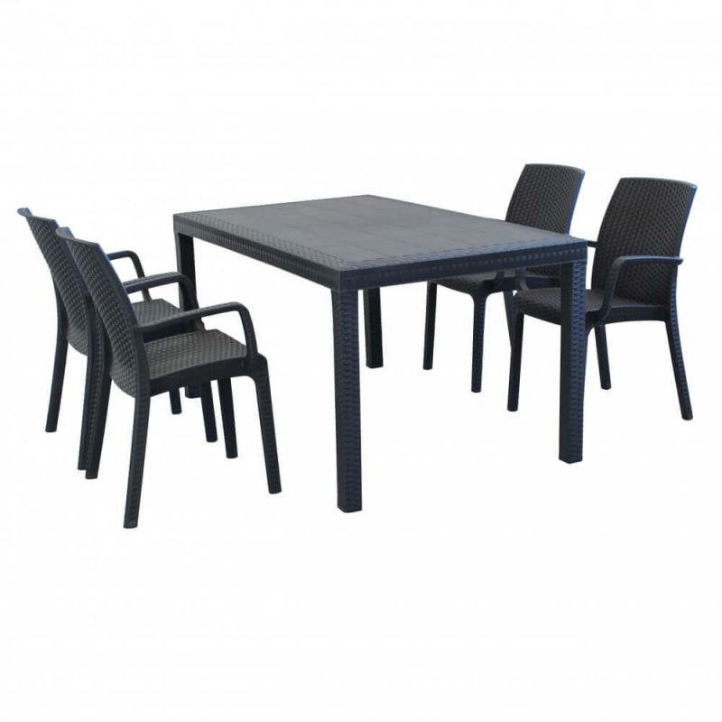 CALIGOLA - set tavolo in resina effetto rattan cm 150 x 90 x 74 h con 4 poltrone Alma