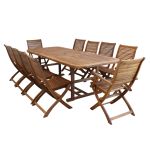 TURRIS - set tavolo in legno massiccio di acacia cm 180/240 x 100 x 74 h con 8 sedie e 2 poltrone Mulier