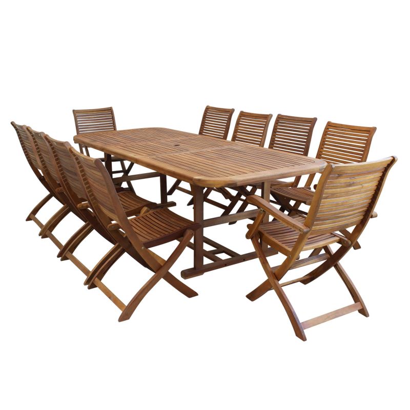 TURRIS - set tavolo in legno massiccio di acacia cm 180/240 x 100 x 74 h con 8 sedie e 2 poltrone Mulier