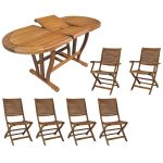 TURRIS - set tavolo in legno massiccio di acacia cm 180/240 x 100 x 74 h con 4 sedie e 2 poltrone Mulier
