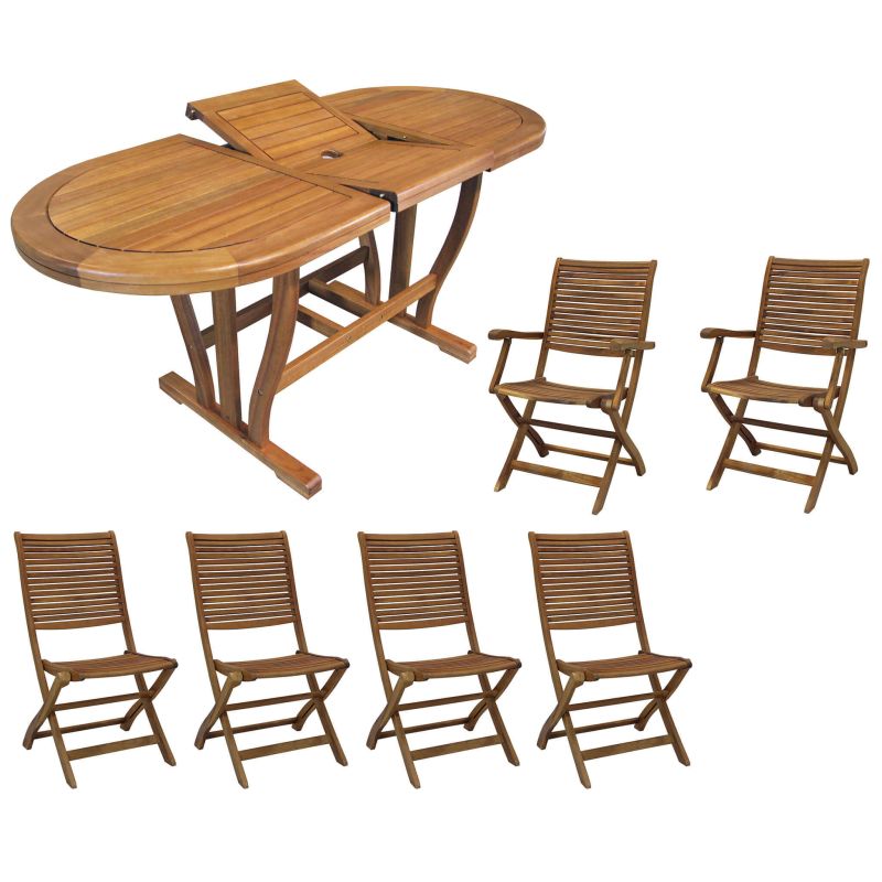 TURRIS - set tavolo in legno massiccio di acacia cm 180/240 x 100 x 74 h con 4 sedie e 2 poltrone Mulier