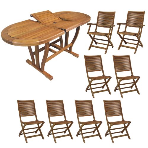 TURRIS - set tavolo in legno massiccio di acacia cm 180/240 x 100 x 74 h con 6 sedie e 2 poltrone Mulier