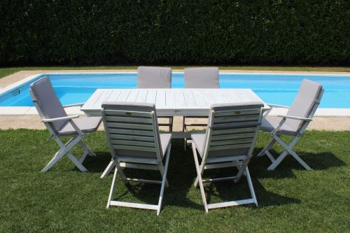 CAESAR - set tavolo in legno massiccio di acacia con 6 sedie e 2 poltrone Sortis
