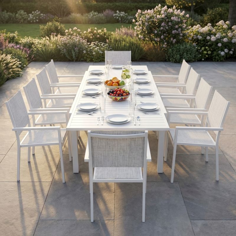 DEXTER - set tavolo in alluminio cm 200/300 x 100 x 74 h con 10 poltrone Venus