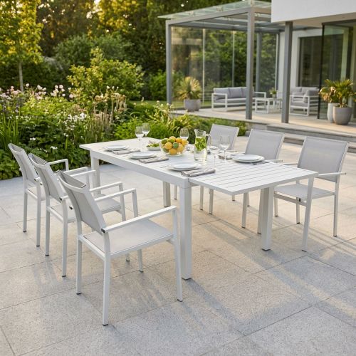 DEXTER - set tavolo in alluminio cm 160/240 x 90 x 75 h con 6 poltrone Venus