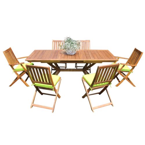 CAESAR - set tavolo in legno massiccio di acacia cm 150/200 x 90 x 78 h con 4 sedie e 2 poltrone Dresda