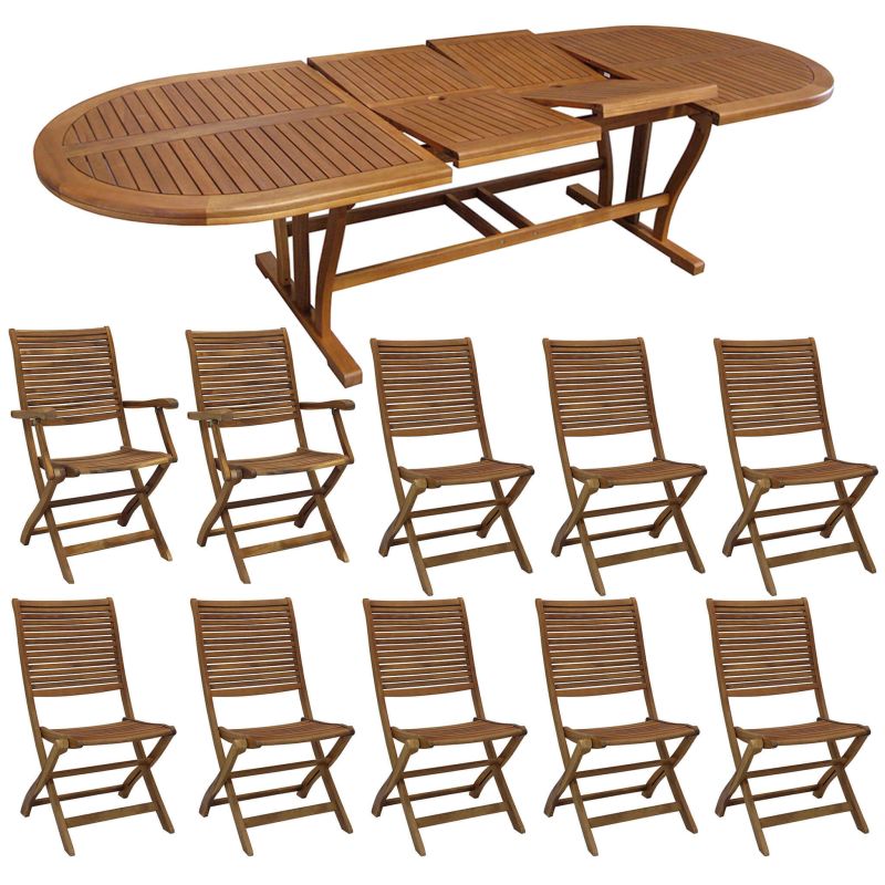 GENIUS - set tavolo in acacia massiccio cm 200/250/300 x 110 x 74 h con 8 sedie e 2 poltrone Mulier
