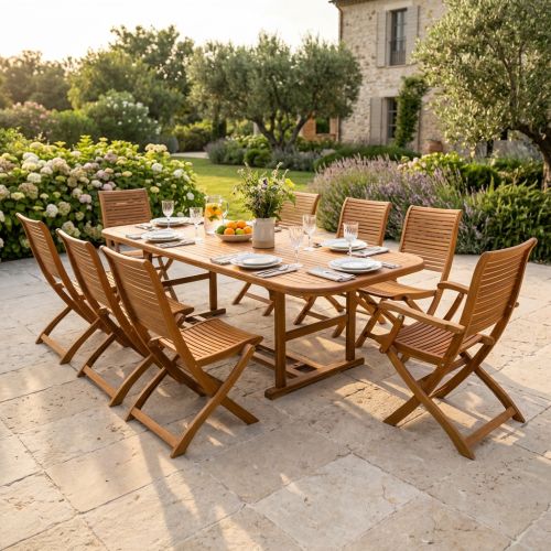 TURRIS - set tavolo in legno massiccio di acacia cm 150/200 x 90 x 74 h con 6 sedie e 2 poltrone Mulier