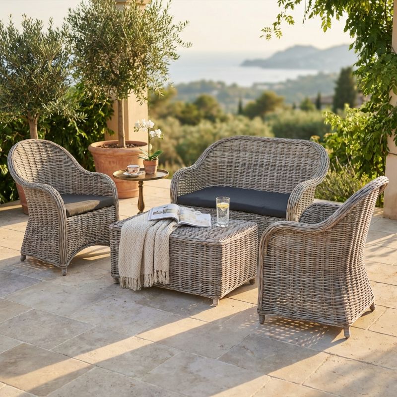 MANUS - salotto da giardino completo di cuscini intreccio in rattan