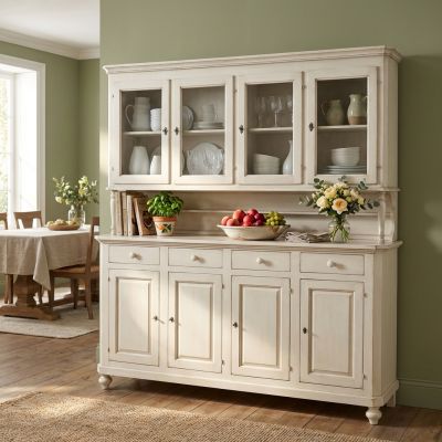 CHELSEY - credenza con vetrina in legno massello cm 196 x 43 x 218 h