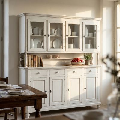 CHELSEY - credenza con vetrina in legno massello cm 196 x 43 x 218 h