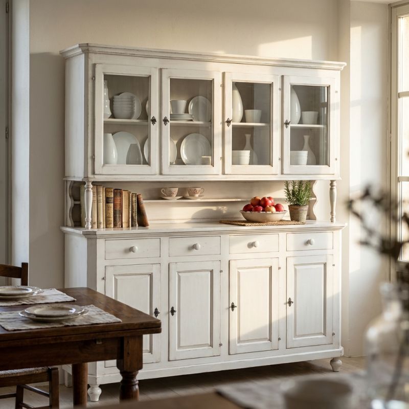 CHELSEY - credenza con vetrina in legno massello cm 196 x 43 x 218 h