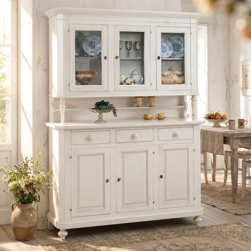 CHELSEY - credenza con vetrina in legno massello cm 150 x 43 x 218 h