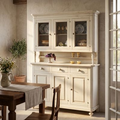 CHELSEY - credenza con vetrina in legno massello cm 150 x 43 x 218 h