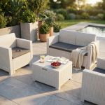 NEBRASKA - salotto da giardino completo di cuscini intreccio in rattan sintetico