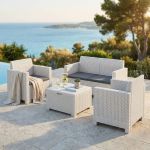 NEBRASKA - salotto da giardino completo di cuscini intreccio in rattan sintetico