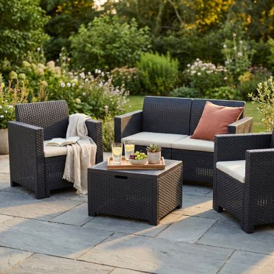 NEBRASKA - salotto da giardino completo di cuscini intreccio in rattan sintetico