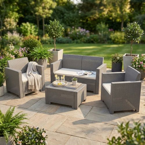 NEBRASKA - salotto da giardino completo di cuscini intreccio in rattan sintetico